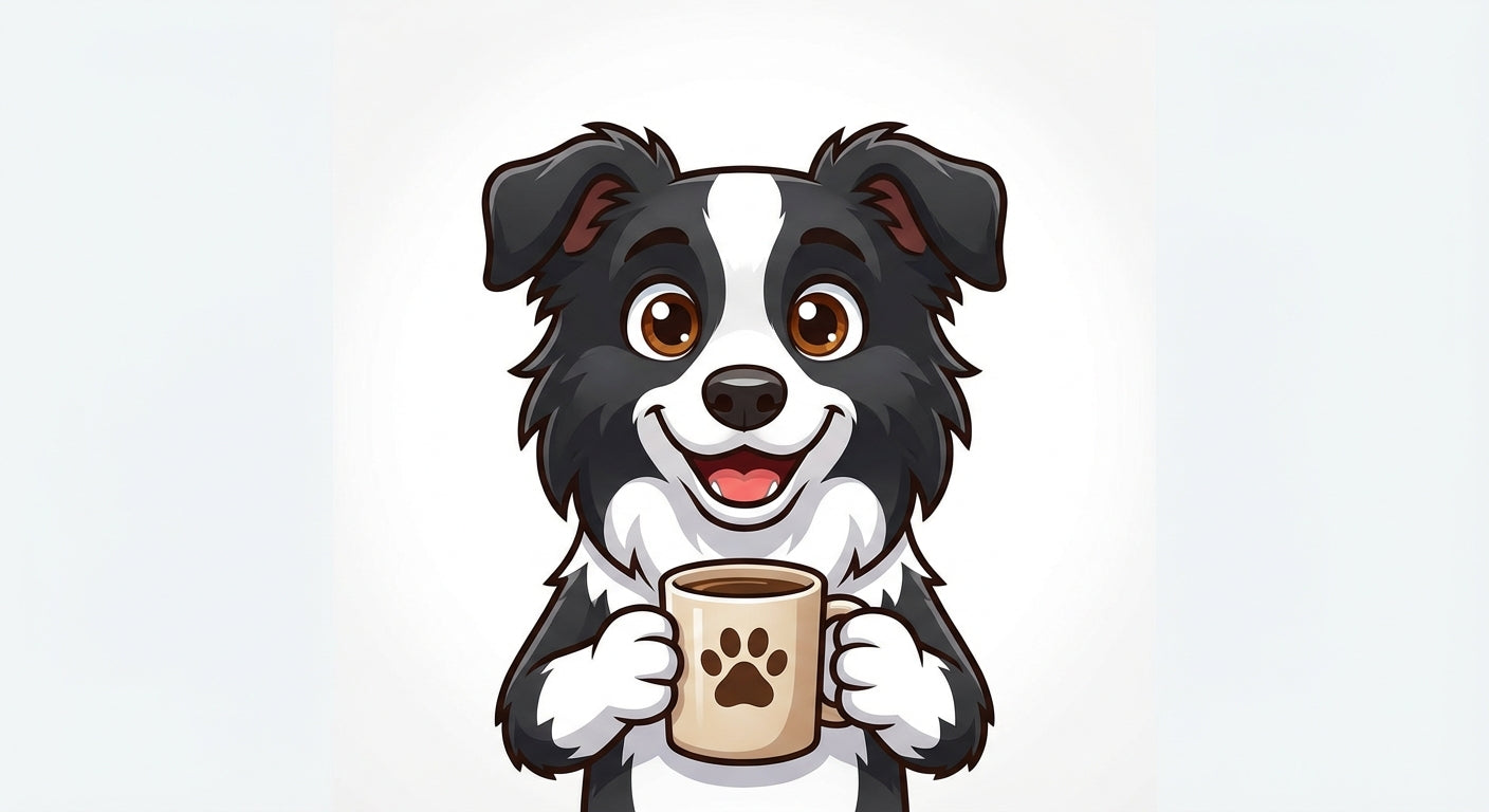 Border Collie breed mascot holding a coffee mug - PawMugz